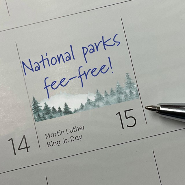 A calendar is labeled with a little mountain scene and the words 