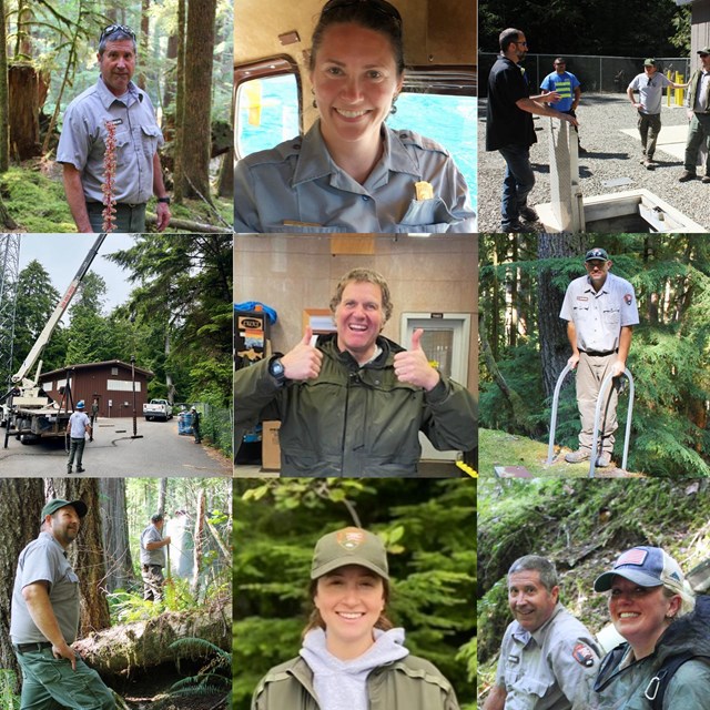 A grid of nine photos of national park employees of different genders and ages, working and smiling