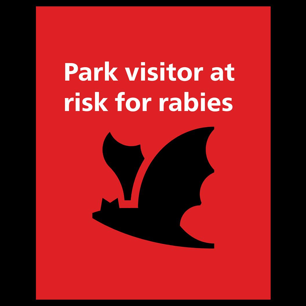 A bat silhouette on a red background. text reads Park visitor at risk for rabies.