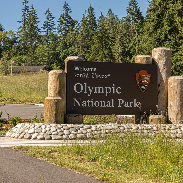 A brown wooden sign reads 