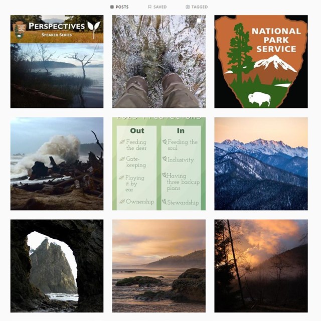 A grid of 9 instagram pictures, including mountain and coastal scenery and graphics.