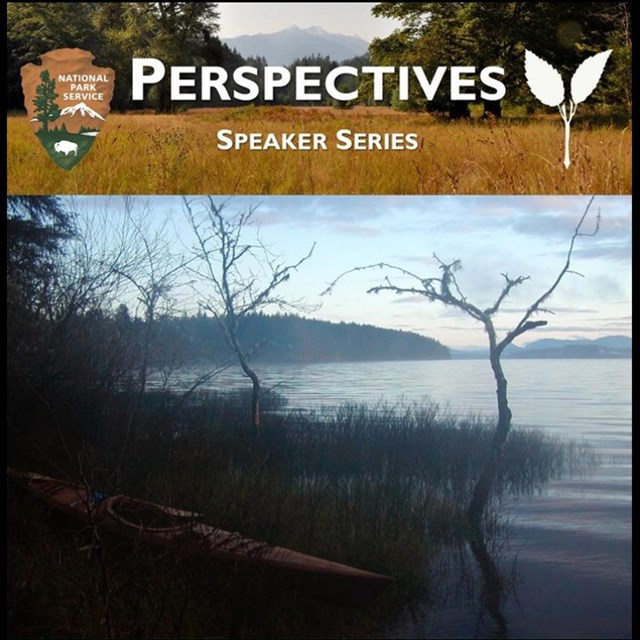 Arrowhead logo and icon of a twig with two leaves. Perspectives Speaker Series. Kayak on lake shore.