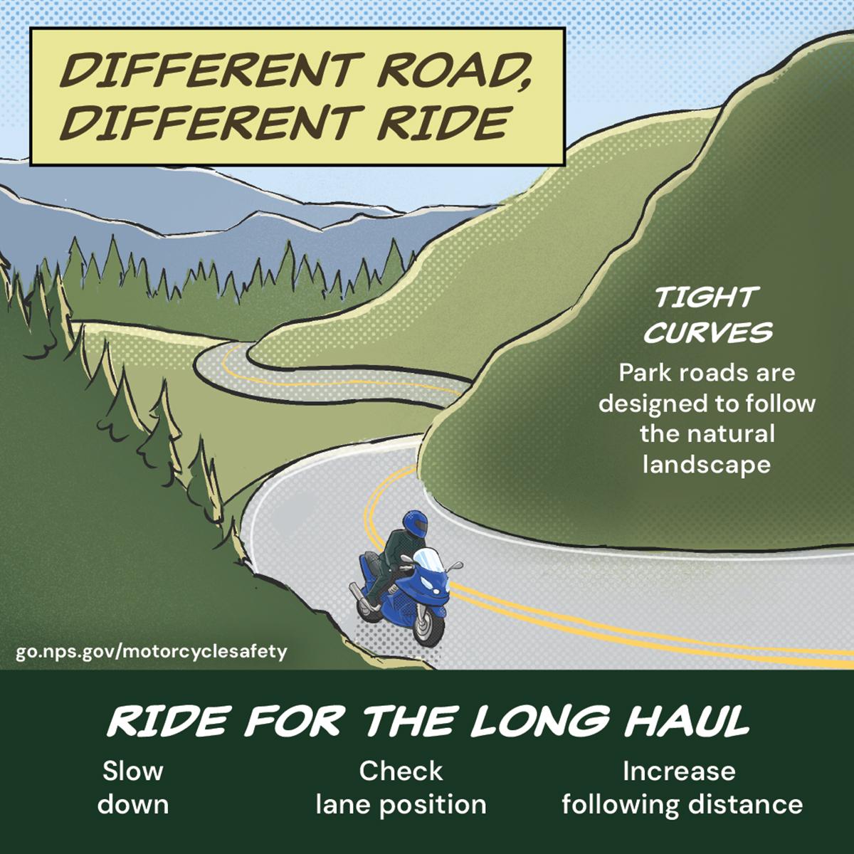 An illustration of a motorcyclist on a curving mountain road.