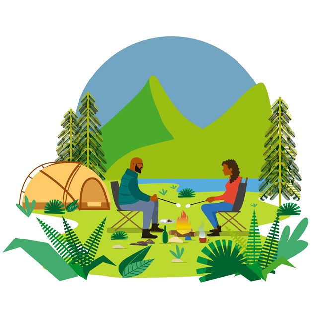 An illustration of a black man and woman toasting marshmallows at a campsite.