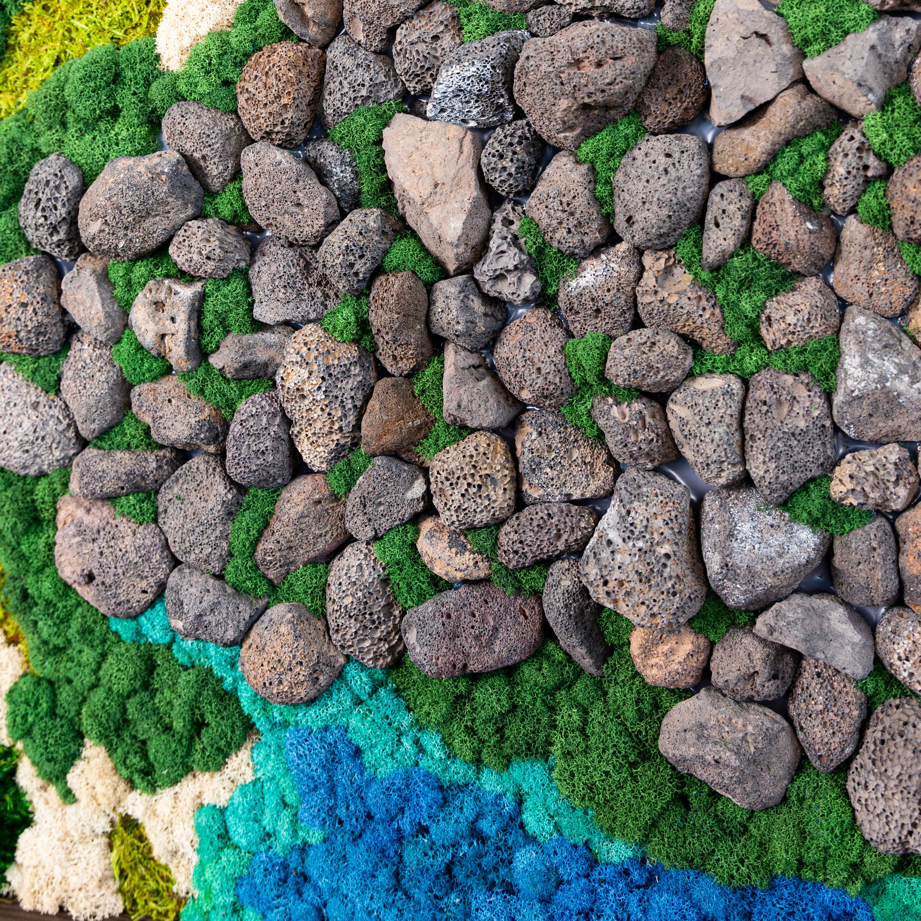 A large wood frame borders a moss wall in which rocks and moss of different colors are arranged to d