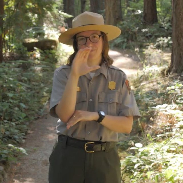 A uniformed national park ranger stands on forest path, signing in American Sign Language