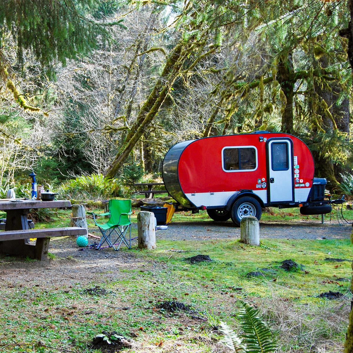 A small, rounded red camper in a mossy forest campsite.