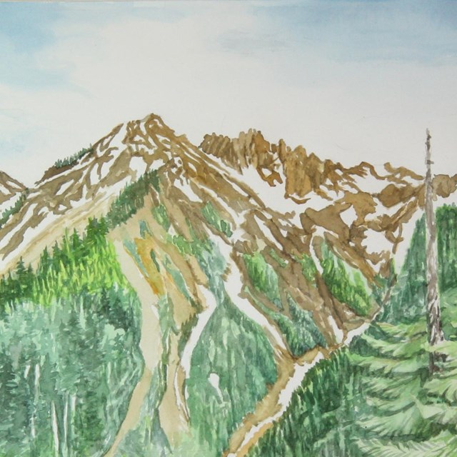 A watercolor painting of rugged peaks rising from coniferous forest.