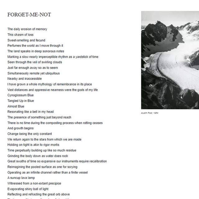The text of a poem titled Forget-Me-Not beside a photo of a huge mountain glacier. Full text at link
