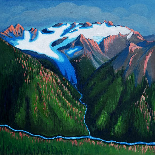 A painting of a massive mountain glacier, its meltwaters feeding into a river that flows to the sea.