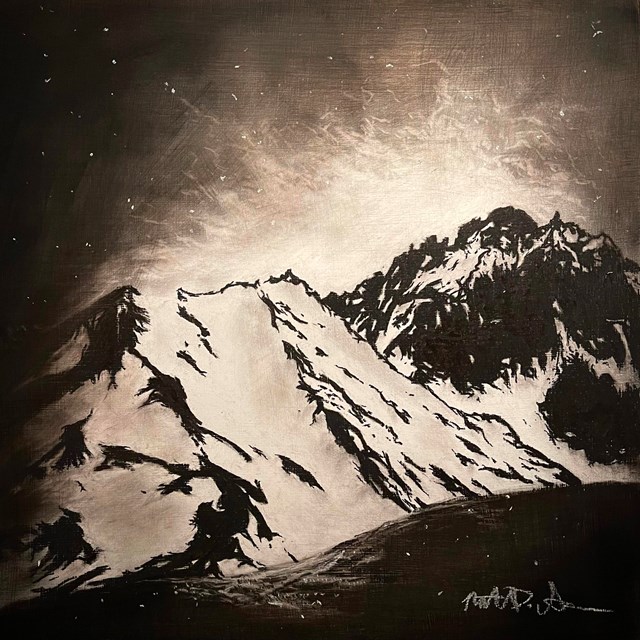 A charcoal drawing of a mountain glacier, a burst of light or snow radiating up from its ridge.