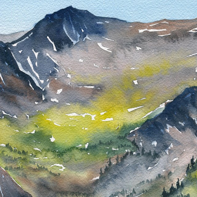 A watercolor painting of a mountain peak and green valley speckled with tiny patches of snow.