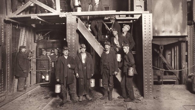 The Red Jacket shaft workers in a mine, c. 1930s. 