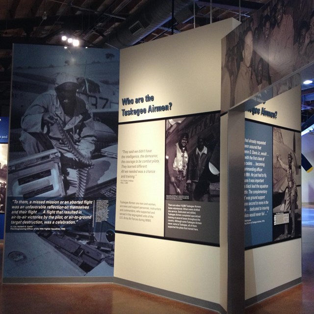 Tuskegee Airman Exhibit Panels show photographs and text of the men that trained here.