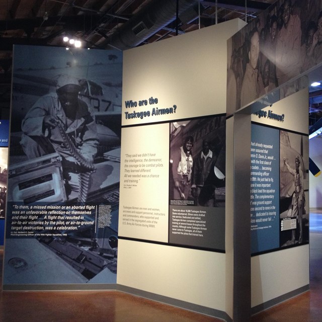 Tuskegee Airman Exhibit Panels show photographs and text of the men that trained here.