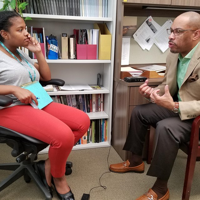 Russell Roy and Isis during oral history recording