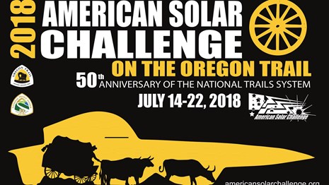 graphic image with black background, yellow solar car shape with black oxen and wagon inside