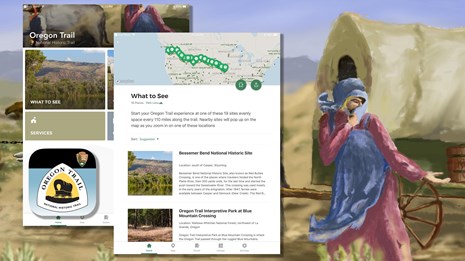Two screenshots of Oregon Trail mobile app with app icon