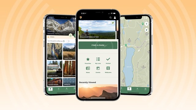 Three mobile devices displaying a mobile application about the national parks.