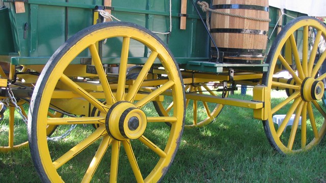 Wooden wagon wheel from a covered wagon.