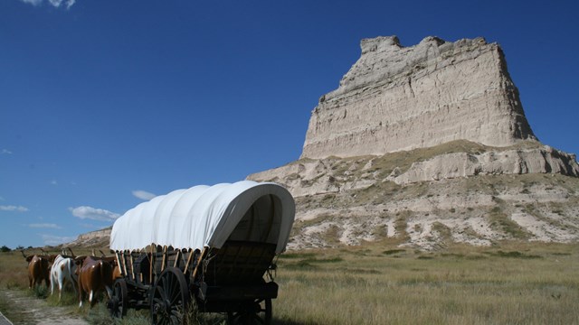 A large covered wagon in front of a towering sandstone bluff.