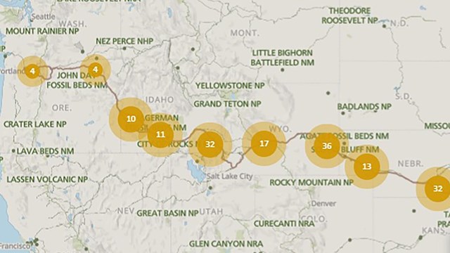 A map showing a trail from the middle of the USA to Oregon.