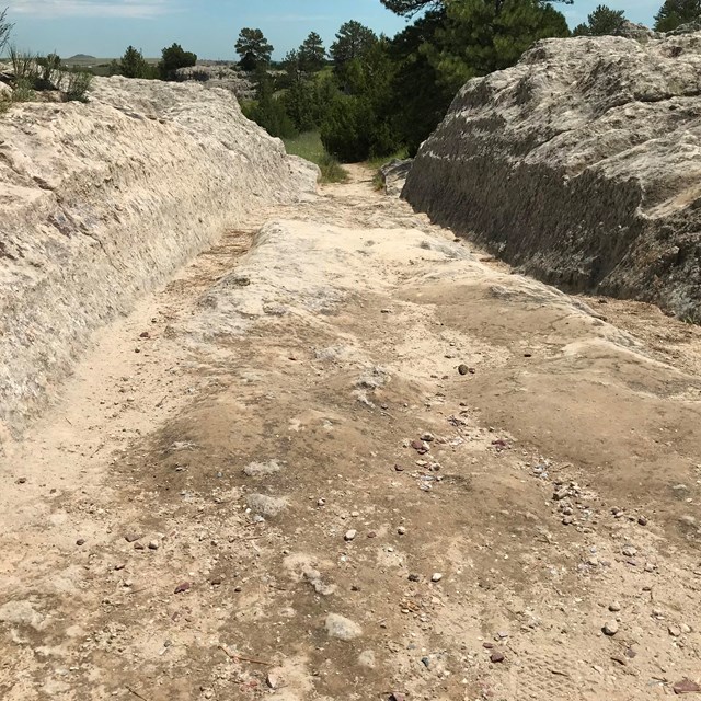 A wide, worn-in depression of swale in soft sandstone.