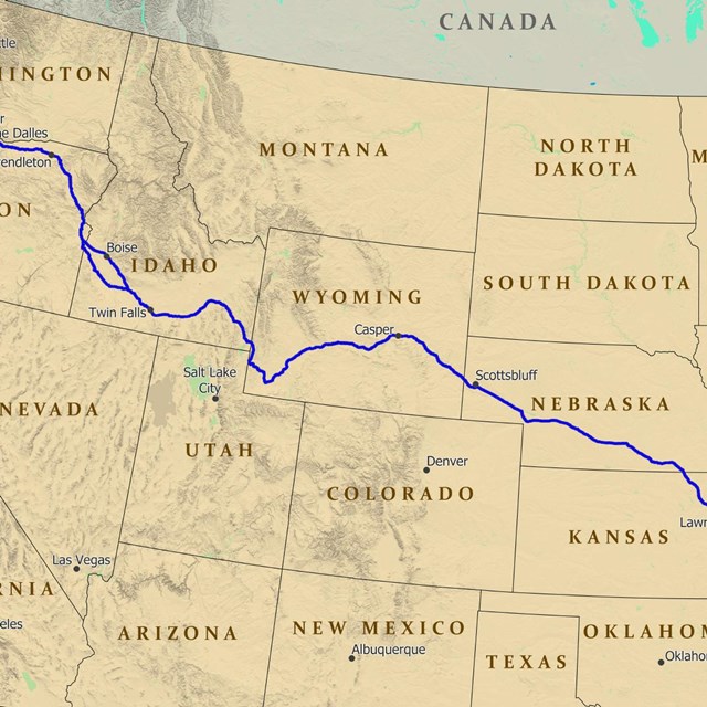 A map of the USA with a trail depicted from the midwest to Oregon.