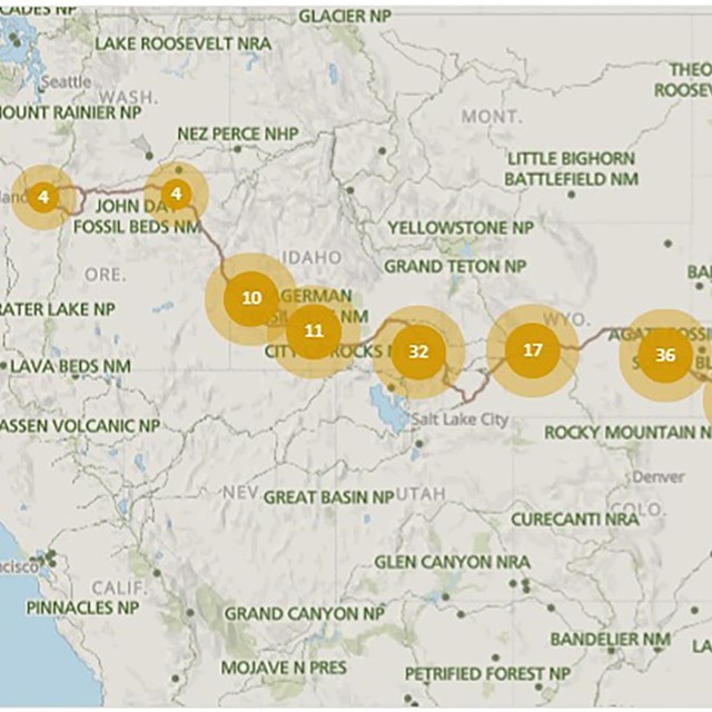 A map showing a trail from the middle of the USA to Oregon.