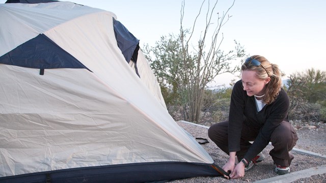 Camper securing a tent to the ground