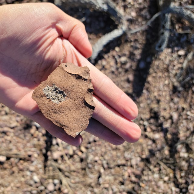 A light skin-toned hand holds a chunk of orangish-brown rock.