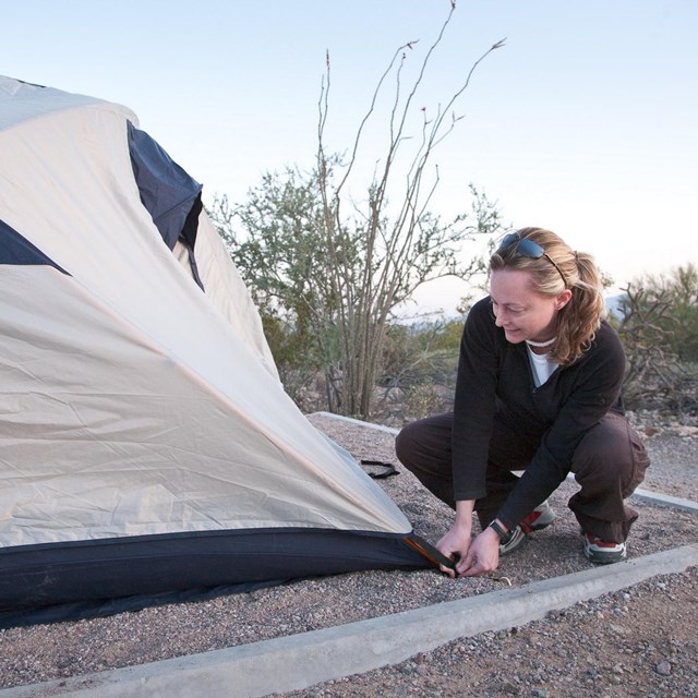 Camper securing a tent to the ground