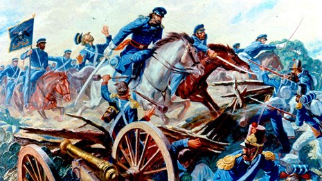 Color painting of U.S. dragoons cutting through Mexican artillery placements at Resaca de la Palma.