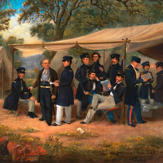 Oil painting depicting a Mexican War era U.S. Army military camp.