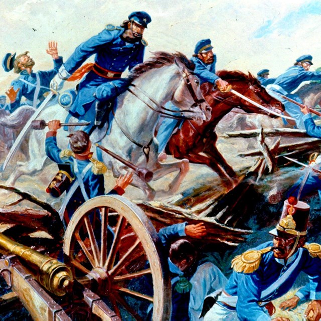 Color painting of U.S. dragoons cutting through Mexican artillery placements at Resaca de la Palma.