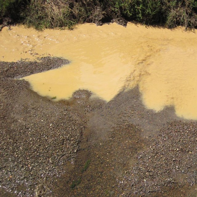 Clear water joins brown, turbid water in a shallow creek.