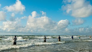 Six people standing in the surf fishing.