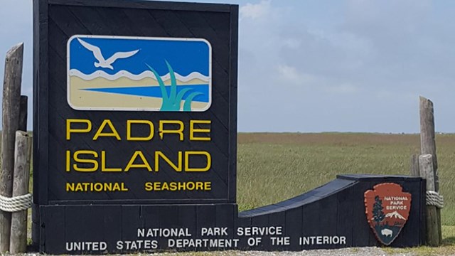 Park entrance sign with simple painting of bird flying over the beach.