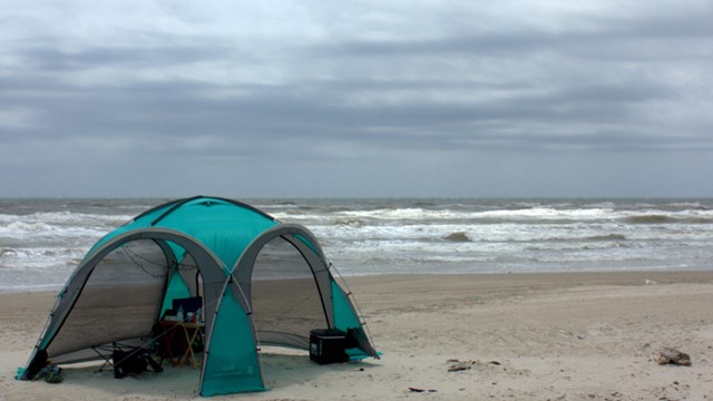 a green tent rests on the beach with the Gulf in the background