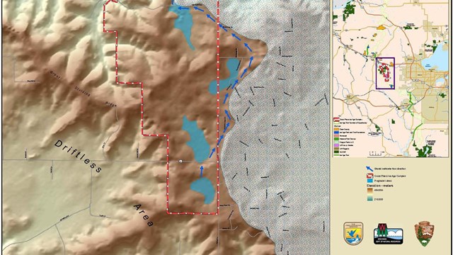 This map displays the glaciated and driftless areas of Wisconsin in and around the Ice Age Complex.