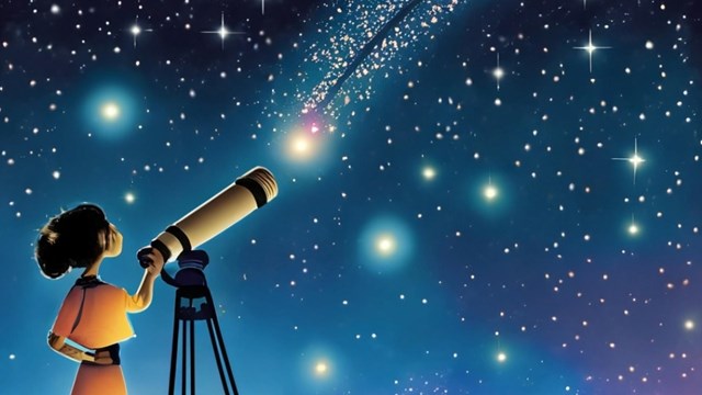 Digital illustration of a junior ranger looking at the night sky through a telescope.