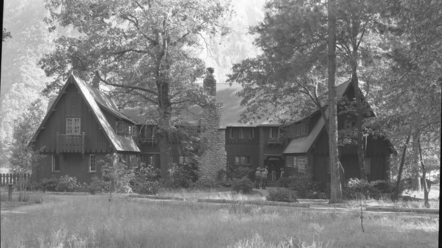 Rangers' Clubhouse in Yosemite NP, Black and white historic image