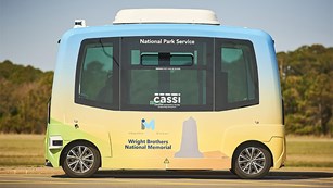 Self-driving bus parked at Wright Brothers National Memorial. NPS/Kurt Moses