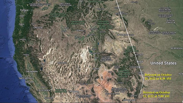 A map of the flight path of the chestnut-collared longspur in 2022 as measured by Motus stations.