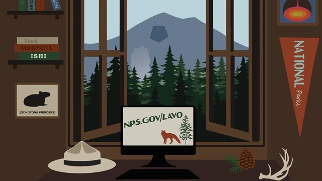 Illustration of a computer on a desk near a window with a mountain outside