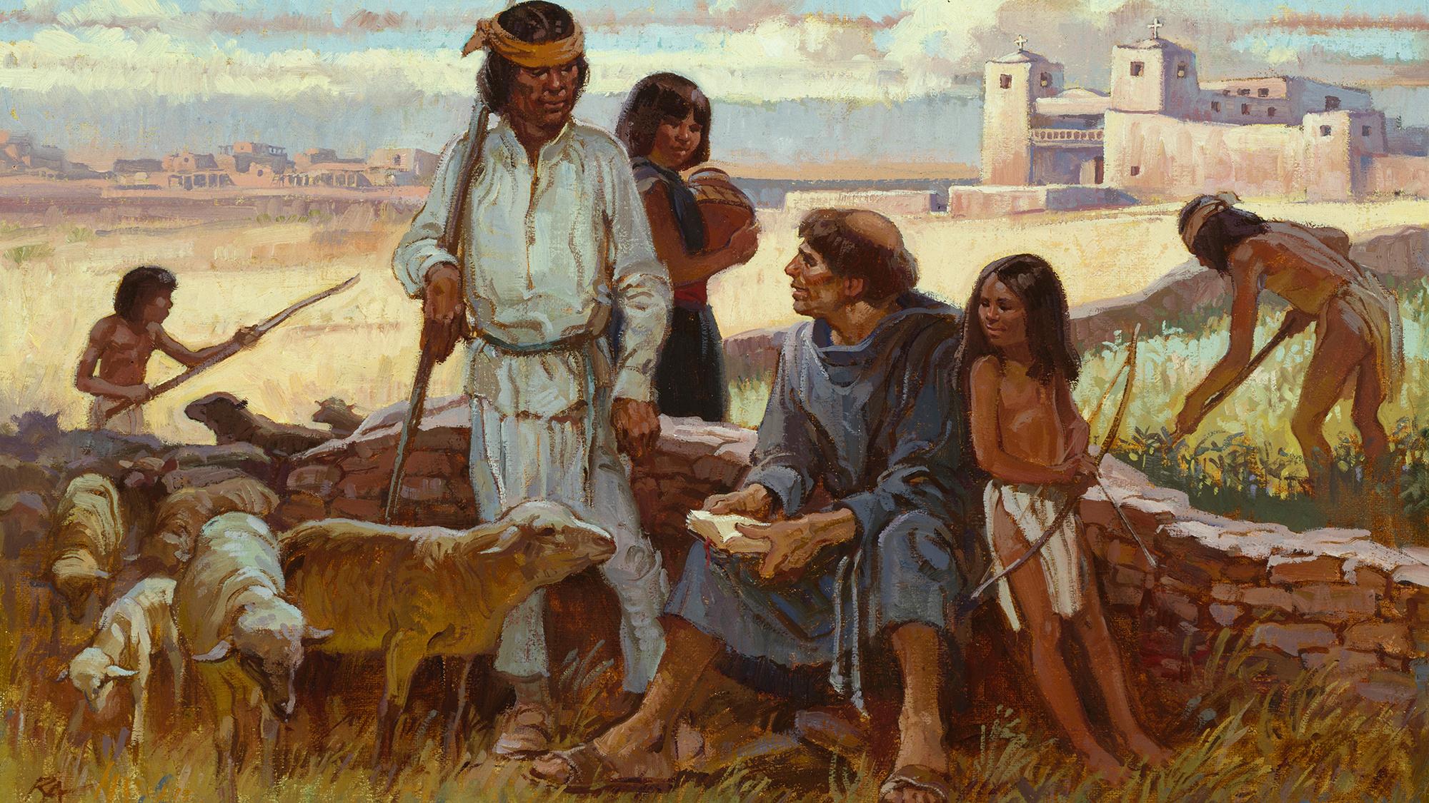 Friar sitting on low wall with indigenous people in front of church and pueblo