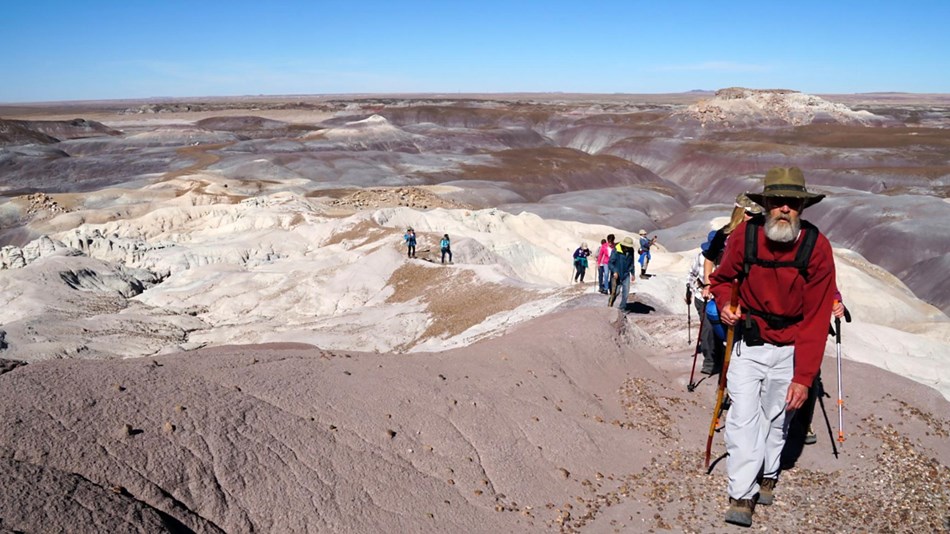 Hikers in gray, blue, and purple badlands at Blue Mesa