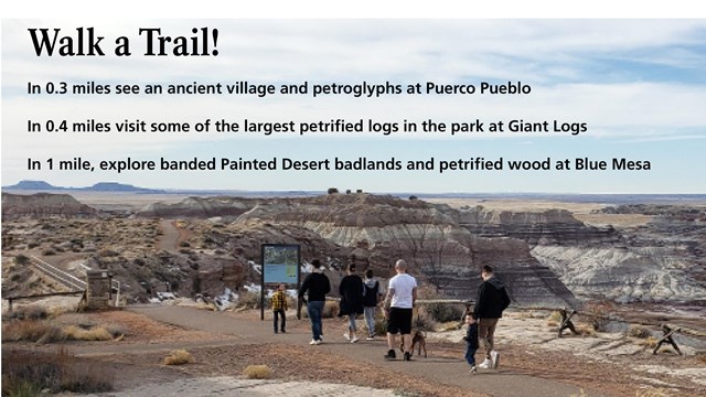 Hiker on the Rim Trail with trail info for short to longer distances.