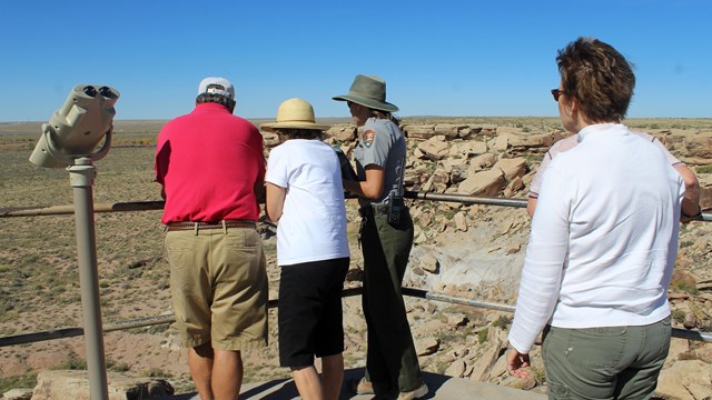 Visitors and archeologist at Newspaper Rock