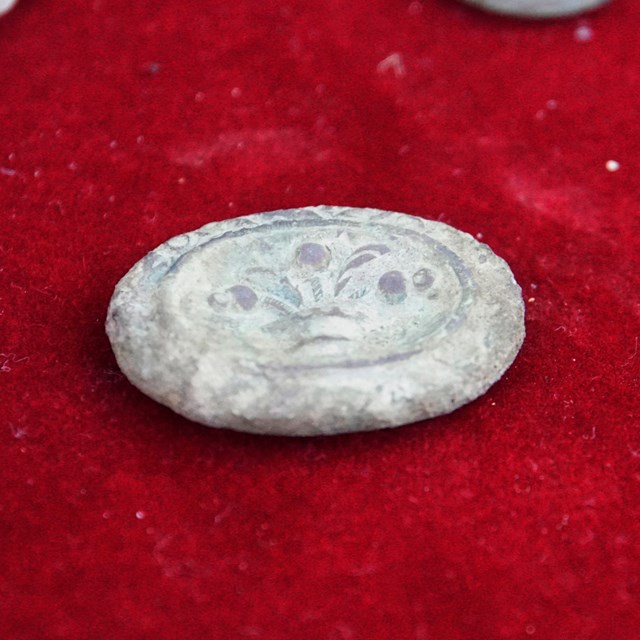 An unknown object shaped like a coin or button, on a red background.